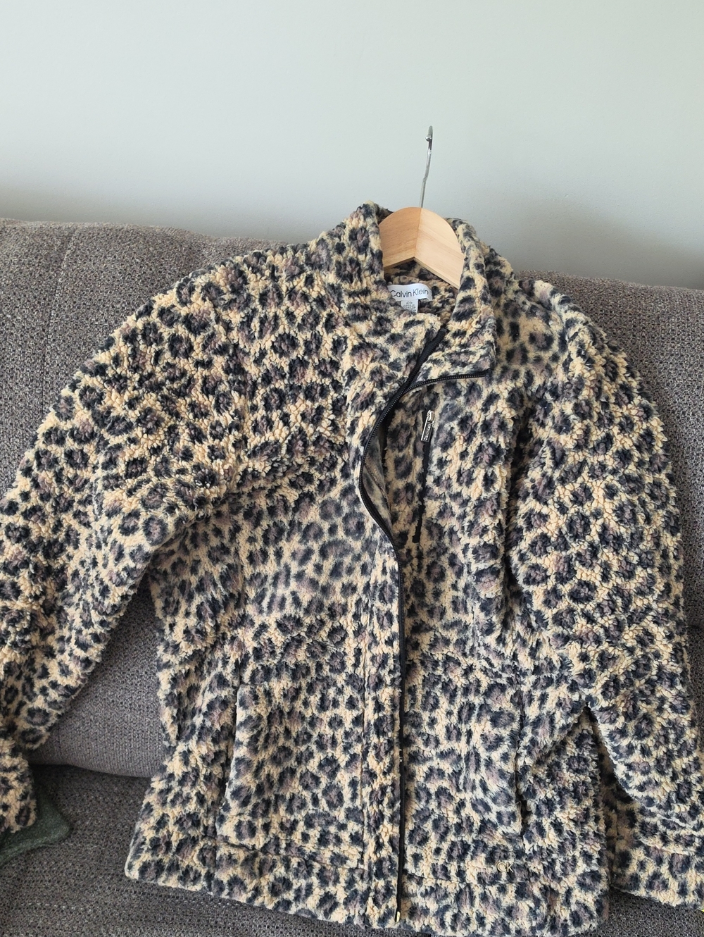 Calvin Klein Leopard-Print Teddy Jacket in Tan and Black